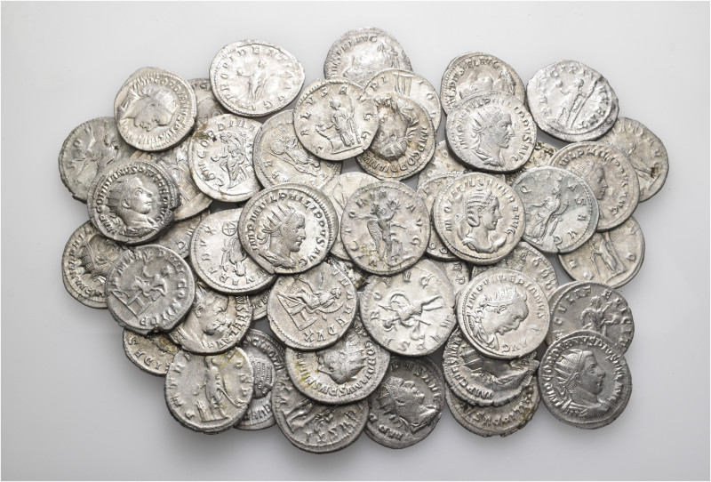 A lot containing 50 silver coins. All: Roman Imperial. Harshly cleaned and some ...