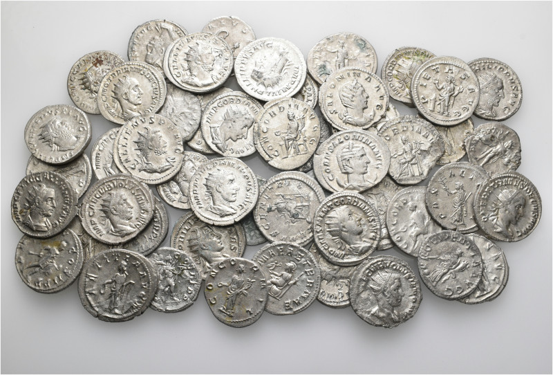 A lot containing 50 silver coins. All: Roman Imperial. Harshly cleaned and some ...