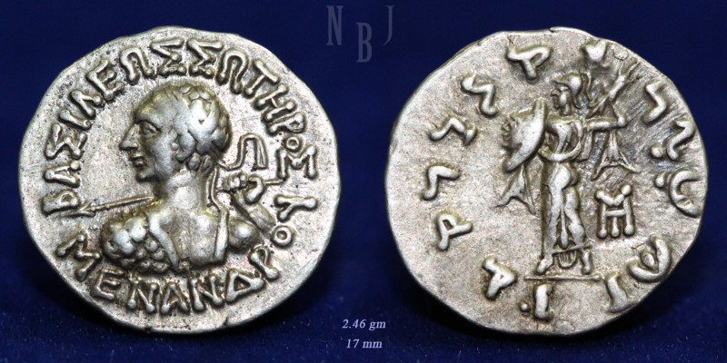 Indo-Greek: Menander I Soter, AR Drachm, Athena, 160-145 BC, Obverse: ΒΑΣΙΛΕΩΣ Σ...