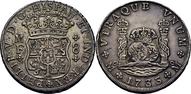 FELIPE V. México. 8 reales. 1733. MF. Cy9367. 26´89 g. Reverso ligeramente frota...