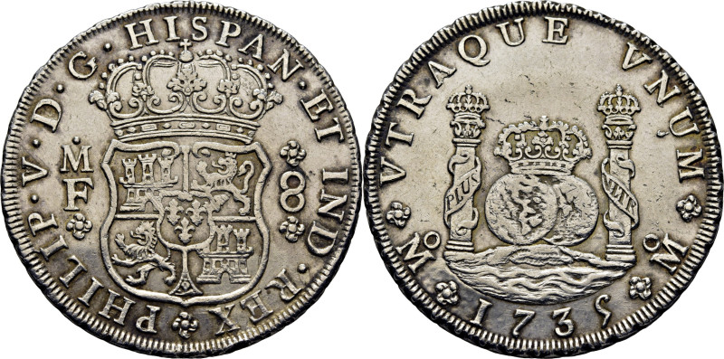 FELIPE V. México. 8 reales. 1735. MF. Cy9386. 26´87 g. Ligeramente limpiada. Sua...