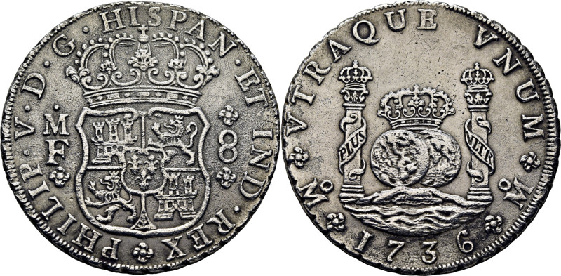FELIPE V. México. 8 reales. 1736. MF. Cy9391/2. Diámetro 39 mm. 26´45 g. Oxidaci...