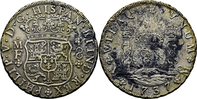 FELIPE V. México. 8 reales. 1737. MF. Cy9398. 26´34 g. Oxidaciones limpiadas en ...