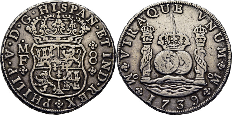 FELIPE V. México. 8 reales. 1739. MF. Cy9411. 26´76 g. Ligeras concreciones limp...