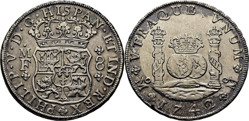 FELIPE V. México. 8 reales. 1742 sobre 1. MF. Cy9433. 26´86 g. Concreciones limp...