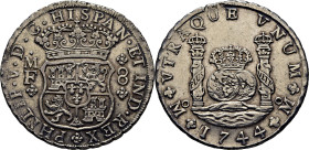 FELIPE V. México. 8 reales. 1744. MF. Con tilde dentro del 44. EBC. Cierto atractivo
