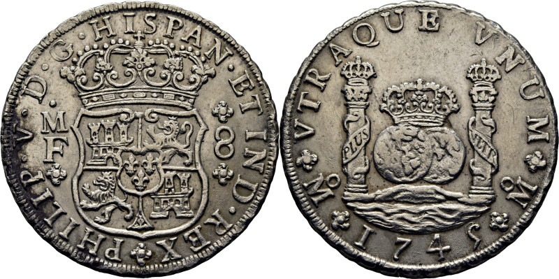 FELIPE V. México. 8 reales. 1745 rectificado sobre un 5. MF. Cy9457. 26´78 g. Pe...