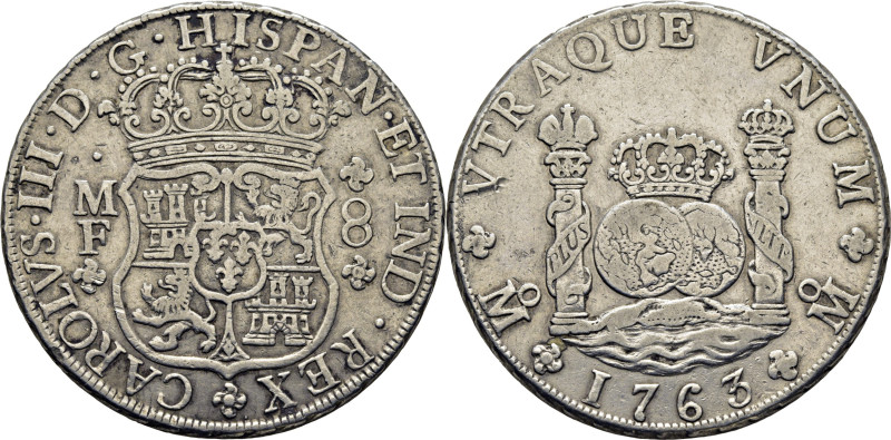 CARLOS III. México. 8 reales. 1763. MF. Cy11919. 26´89 g. Algo limpiada. Suaves ...