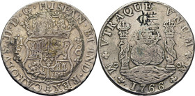CARLOS III. México. 8 reales. 1766. MF. Resellado con tres caracteres chinos y GLM entrelazadas