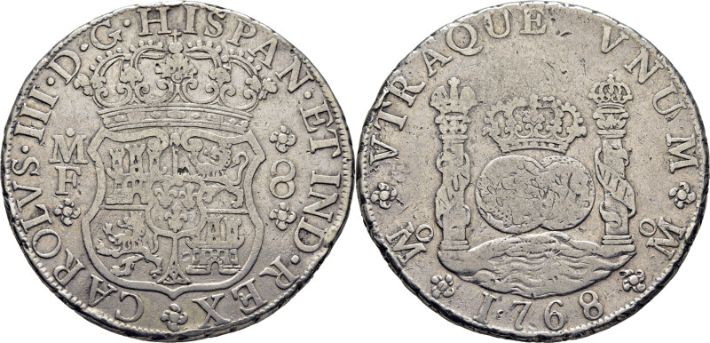 CARLOS III. México. 8 reales. 1768. MF. Cy11958. 26´58 g. Marquitas. Cordoncillo...