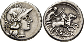 ROMA REPÚBLICA. ATILIA. Hacia 180 aC. Denario de 10 ases. Cabeza de Palas