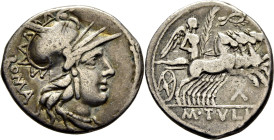 ROMA REPÚBLICA. TULLIA. Hacia 95 aC. Denario de 10 ases. Cabeza de Palas. Acuñación centrada