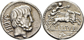 ROMA REPÚBLICA. TITURIA. Hacia 85 aC. Denario. Cabeza de Tatio, SABIN