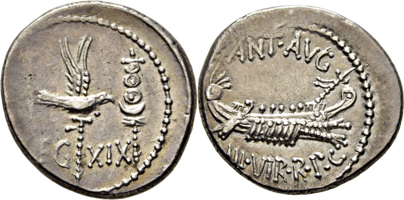 ROMA IMPERIO. 43-31 aC. Marco Antonio. Denario. Nave e insignias legionarias. LE...