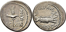 ROMA IMPERIO. 43-31 aC. Marco Antonio. Denario. Nave e insignias legionarias. EBC