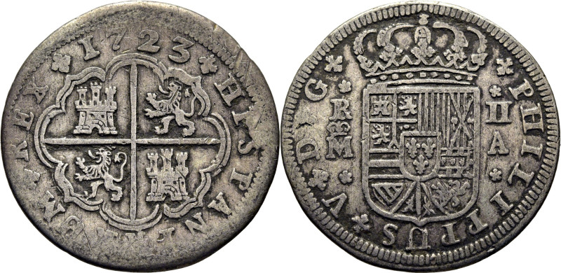 FELIPE V. Madrid. 2 reales. 1723. A. Tres lises en Borgoña. Cy8742 (70€). Rayita...