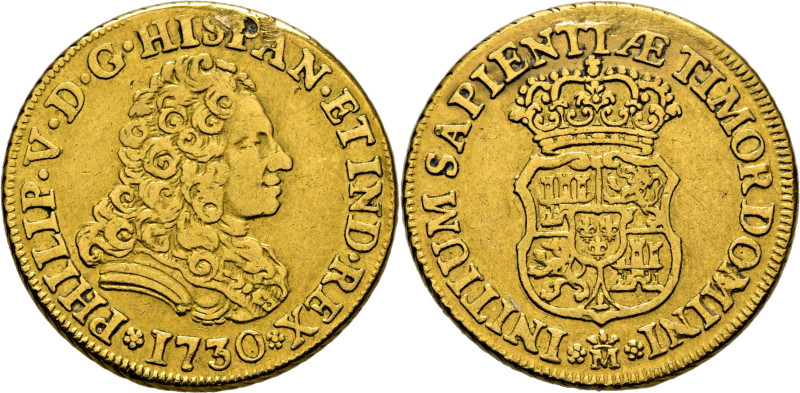 FELIPE V. Madrid. 2 escudos. 1730. Sin ensayador. Cy9711 (900€). 6´58 g. Sirvió ...