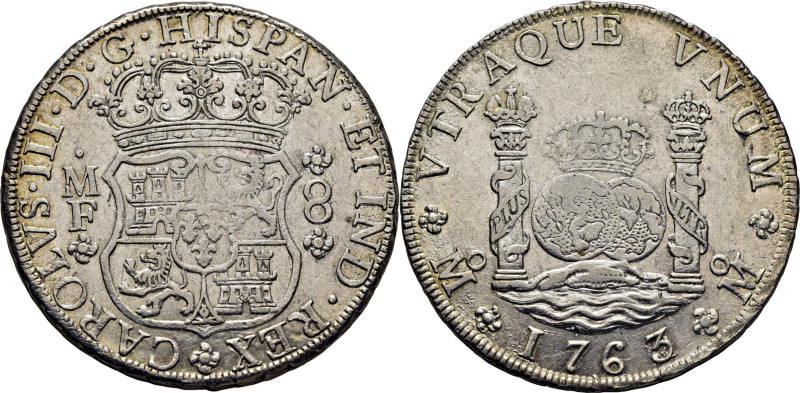 CARLOS III. México. 8 reales. 1763 sobre 2. MF. Cy11918. 26´89 g. Algo limpiada....