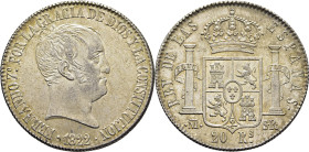 FERNANDO VII. Madrid. 20 reales. 1822. SR. Prácticamente SC-. Precioso tono. Muy buen ejemplar. Atractiva. Rara