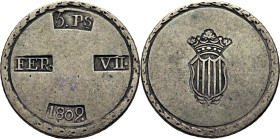 FERNANDO VII. Tarragona. 5 pesetas. 1809. Escudo medio. FER·