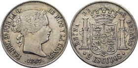 ISABEL II. Madrid. 2 escudos. 1867. Tono