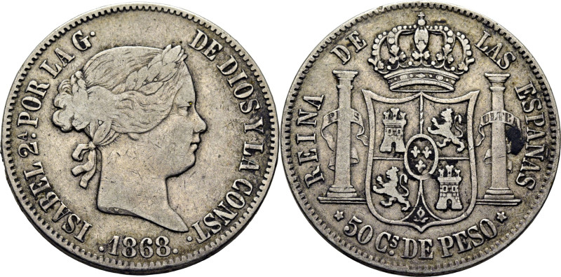 ISABEL II. Manila. 50 centavos de peso. 1868. Cy17152. Concreción en reverso. Ca...