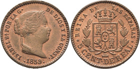 ISABEL II. Segovia. 5 céntimos de real. 1859. SC/SC+. Muy atractiva