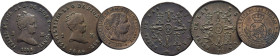 ISABEL II. Segovia. 2 maravedís. 1838 sobre 738 (¿podría ser sobre 737?) y 1849…Lote de 3