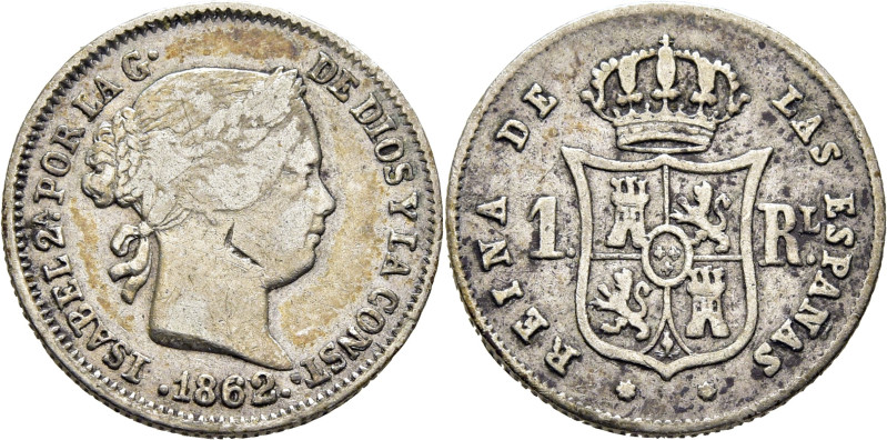 ISABEL II. Sevilla. 1 real. 1862 sobre 57. Cy16853 (55€). Hoja en busto. Leves r...