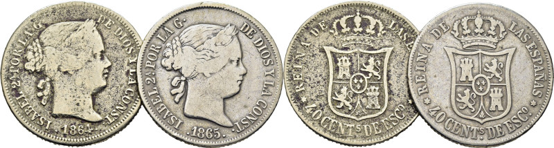 ISABEL II. Madrid. 40 céntimos de escudo. 1864 y 1865. Cy17065 (50€) y 17069 (30...