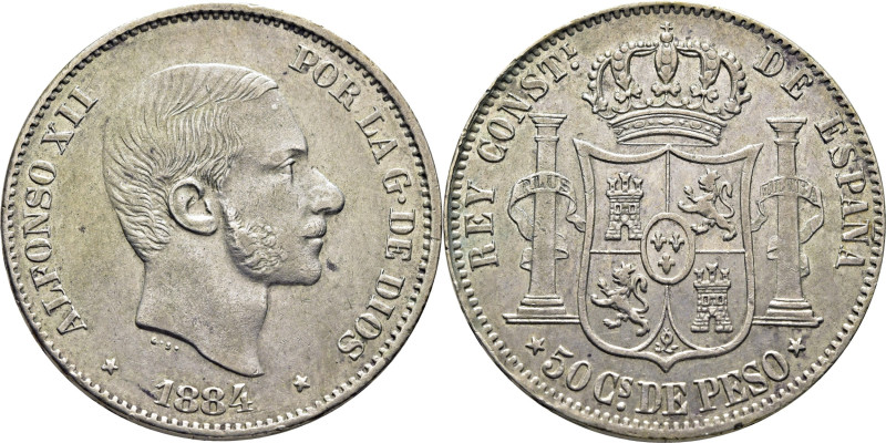 ALFONSO XII. Manila. 50 centavos de peso. 1884. Cy17564. EBC-/EBC, mínimos resto...