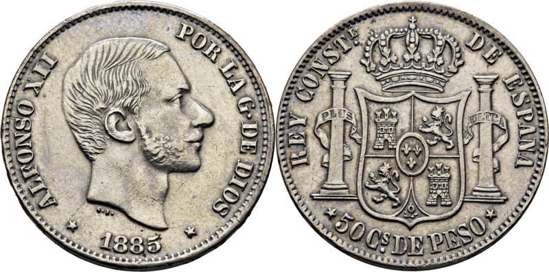 ALFONSO XII. Manila. 50 centavos de peso. 1885. Cy17566. Limpiada. Casi EBC-