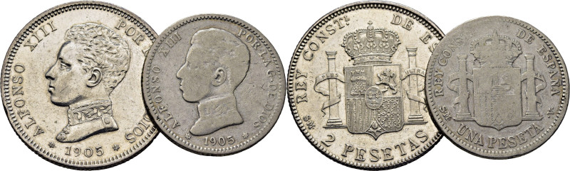 ALFONSO XIII. 1 y 2 pesetas. 1905*19-0x y 19-05. SMV. Cy17620 y 17632. Limpiada ...