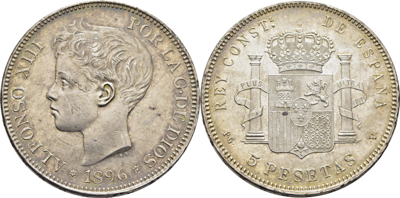 ALFONSO XIII. 5 pesetas. 1896*18-96. PGV. Cy17645. Incisiones en la cara. Golpec...