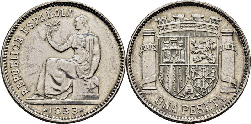 II REPÚBLICA. 1 peseta. 1933*3-4. Cy17685. Limpiada y algo pulido el anverso. EB...