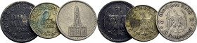 ALEMANIA. Águila. 2 marcos. 1925 D. 3 marcos. 1924 J. 5 marcos. 1935 A. Lote de 3