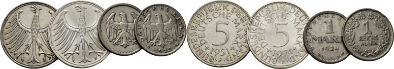 ALEMANIA. 5 marcos. Águila y valor. 1951 F. 1974 F. República Weimar. 1 marco. 1...