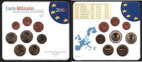 ALEMANIA. 2 euros a 1 céntimo. 2002F. Blíster oficial de la St. MnBaden-Wurttemberg. FDC. Lote de 8
