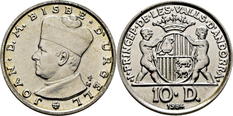 ANDORRA. 10 dinares. Juan Obispo de Urgel. Escudo. 1984. K17. SC+, todo su brill...