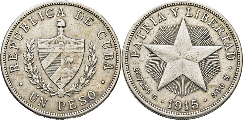 CUBA. 1 peso. 1915. Escudo y estrella. K15.2. Marquitas. MBC/MBC+