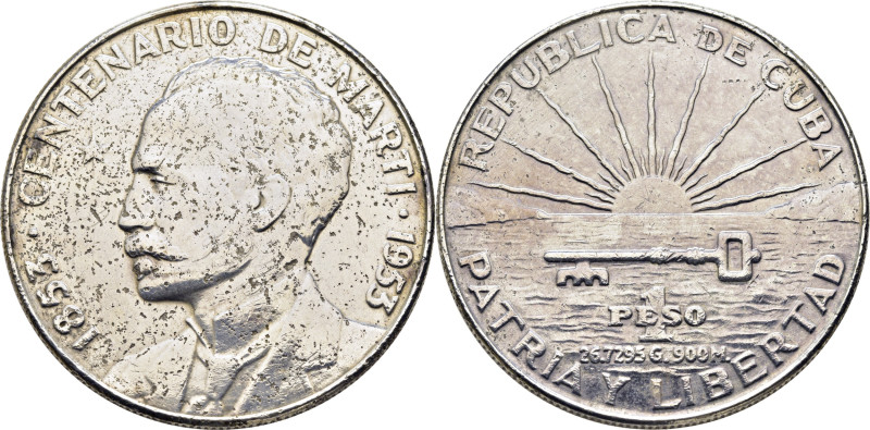 CUBA. 1 peso. 1853-1953. Martí en su centenario. K29 (33$). Limpiada. Cocas de m...