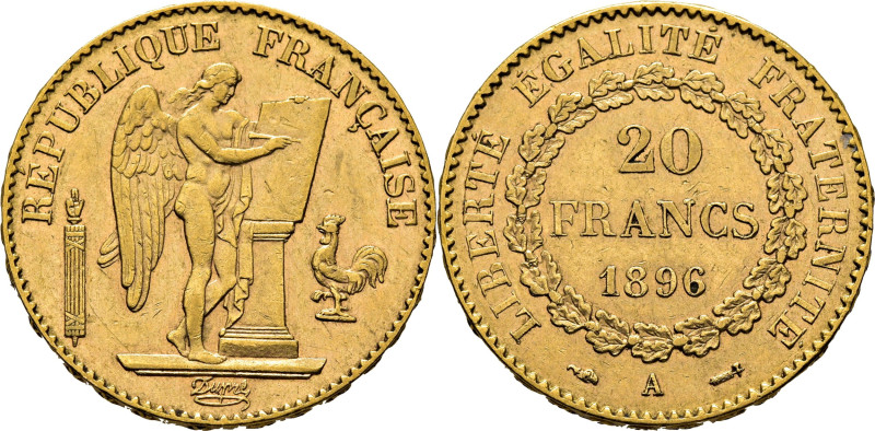 FRANCIA. III República. París. 20 francos. 1896. Ángel y valor. Fbg592. 6´45 g. ...