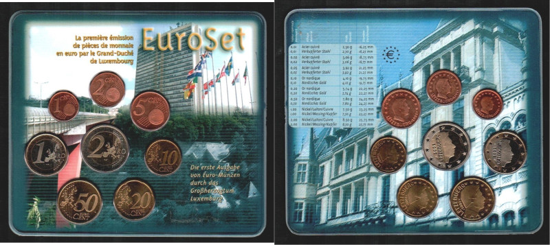 LUXEMBURGO. 2 euros a 1 céntimo. 2002. Blíster de la Primera emisión del Gran Du...