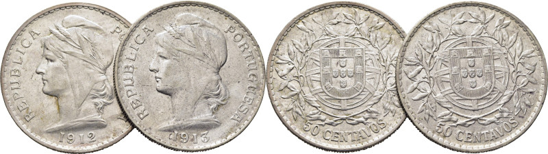 PORTUGAL. 50 centavos. 1912 y 1913. Cabeza de la República y escudo laureado. K5...