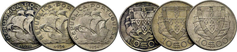 PORTUGAL. 10 escudos. Nao y escudo. 1932 y 1934 (2). K582 (17$ y +36$x2). La pri...