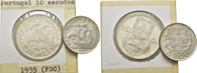 PORTUGAL. 10 y 5 escudos. 1955 y 1951. Nao descubridora. Lote de 2