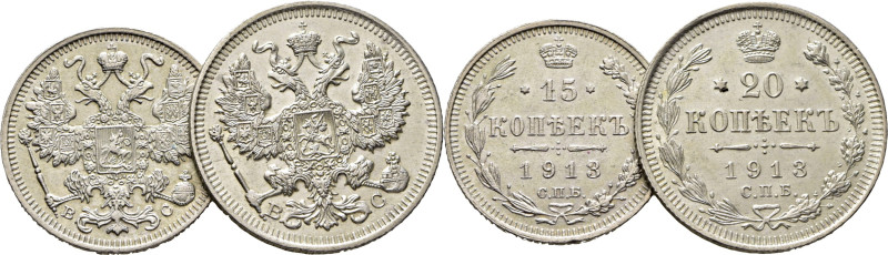 RUSIA. Nicolás II. San Petersburgo. 15 y 20 kops. 1913. B.C. K22a.1 y 21a.2. EBC...