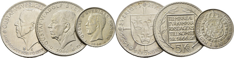 SUECIA. Gustavo V y Gustavo Adolfo. 5 kro. 1935 y 1966. 1 kro. 1940. K806, 839 y...