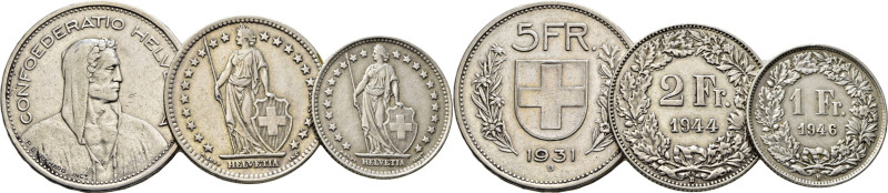 SUIZA. 1, 2 y 5 francos. Guillermo Tell y Helvetia. 1946 B 1944 B 1931 B. K40, 2...