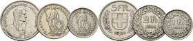 SUIZA. 1, 2 y 5 francos. Guillermo Tell y Helvetia. 1931 B. 1944 B. 1946 B. Lote de 3